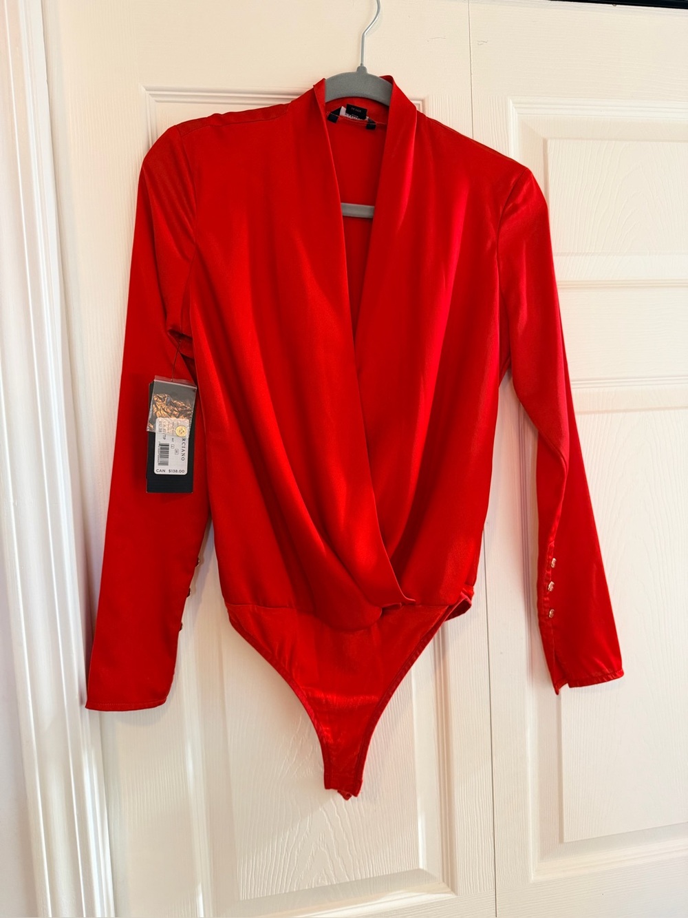 Marciano Red Draped V-Neck Long Sleeve Bodysuit